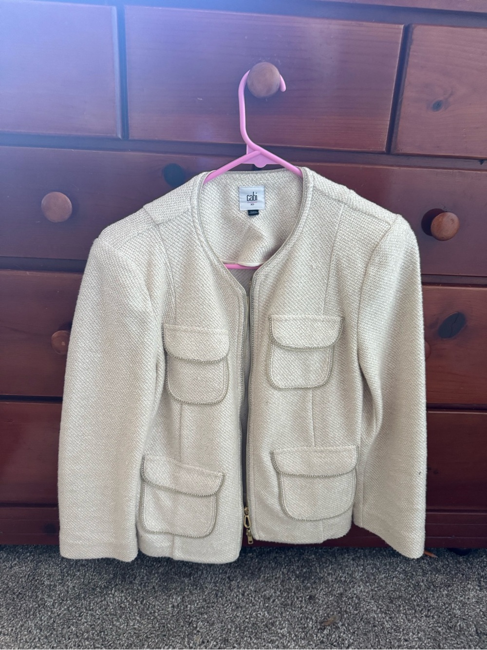 CAbi Cream Textured Zip Jacket with Four Pockets